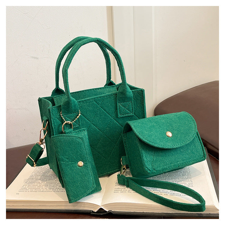 Women's Green Felt Tote Bag Set, 3-in-1 Quilted Handbag with Crossbody & Card Holder