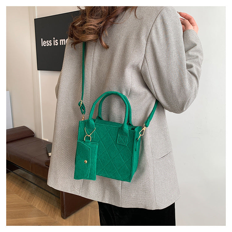 Women's Green Felt Tote Bag Set, 3-in-1 Quilted Handbag with Crossbody & Card Holder