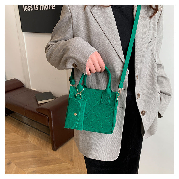 Women's Green Felt Tote Bag Set, 3-in-1 Quilted Handbag with Crossbody & Card Holder