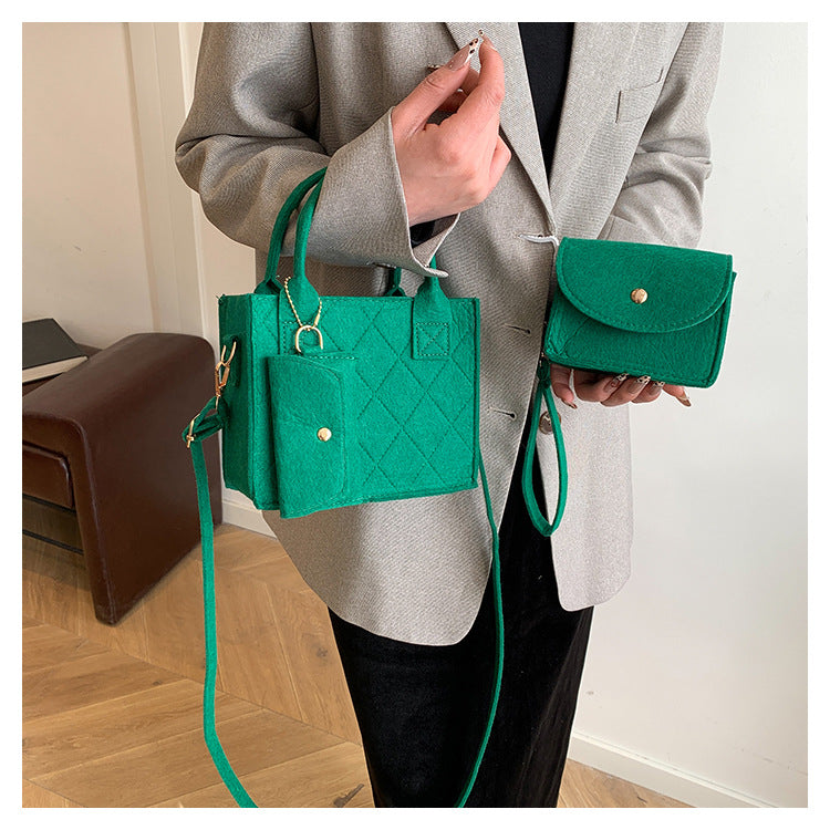 Women's Green Felt Tote Bag Set, 3-in-1 Quilted Handbag with Crossbody & Card Holder