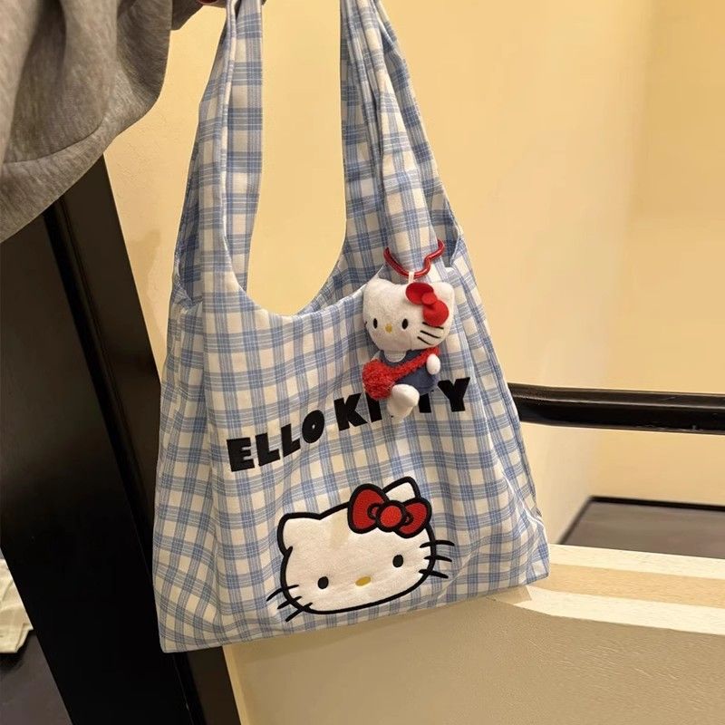 Hello Kitty Plaid Canvas Tote Bag Blue & White Checkered Shoulder Bag with Keychain