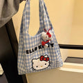 Hello Kitty Plaid Canvas Tote Bag Blue & White Checkered Shoulder Bag with Keychain