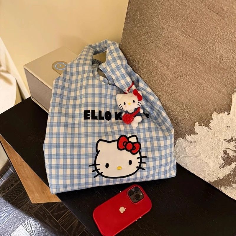 Hello Kitty Plaid Canvas Tote Bag Blue & White Checkered Shoulder Bag with Keychain
