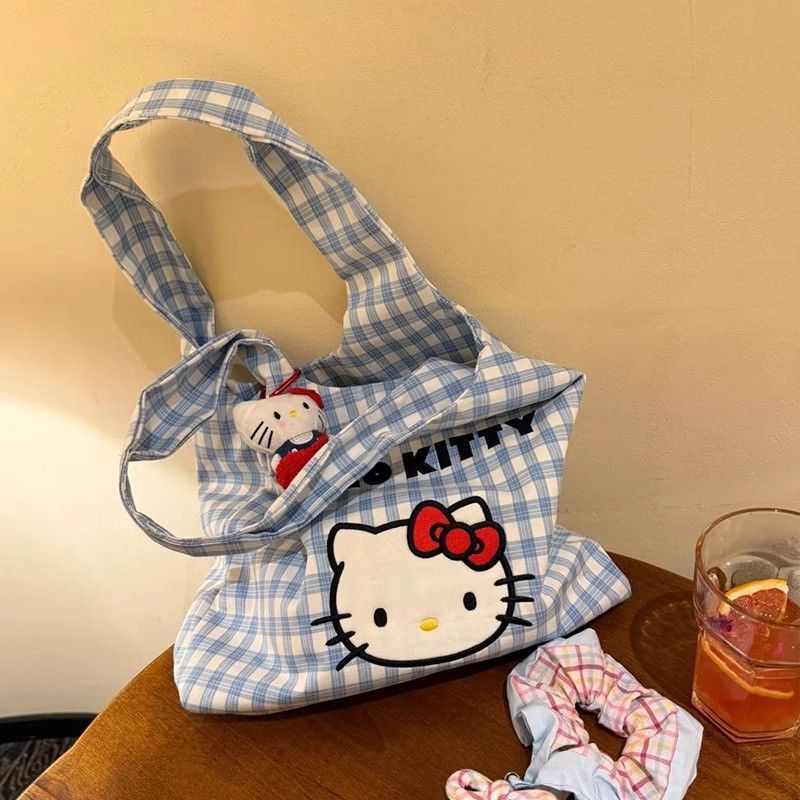 Hello Kitty Plaid Canvas Tote Bag Blue & White Checkered Shoulder Bag with Keychain