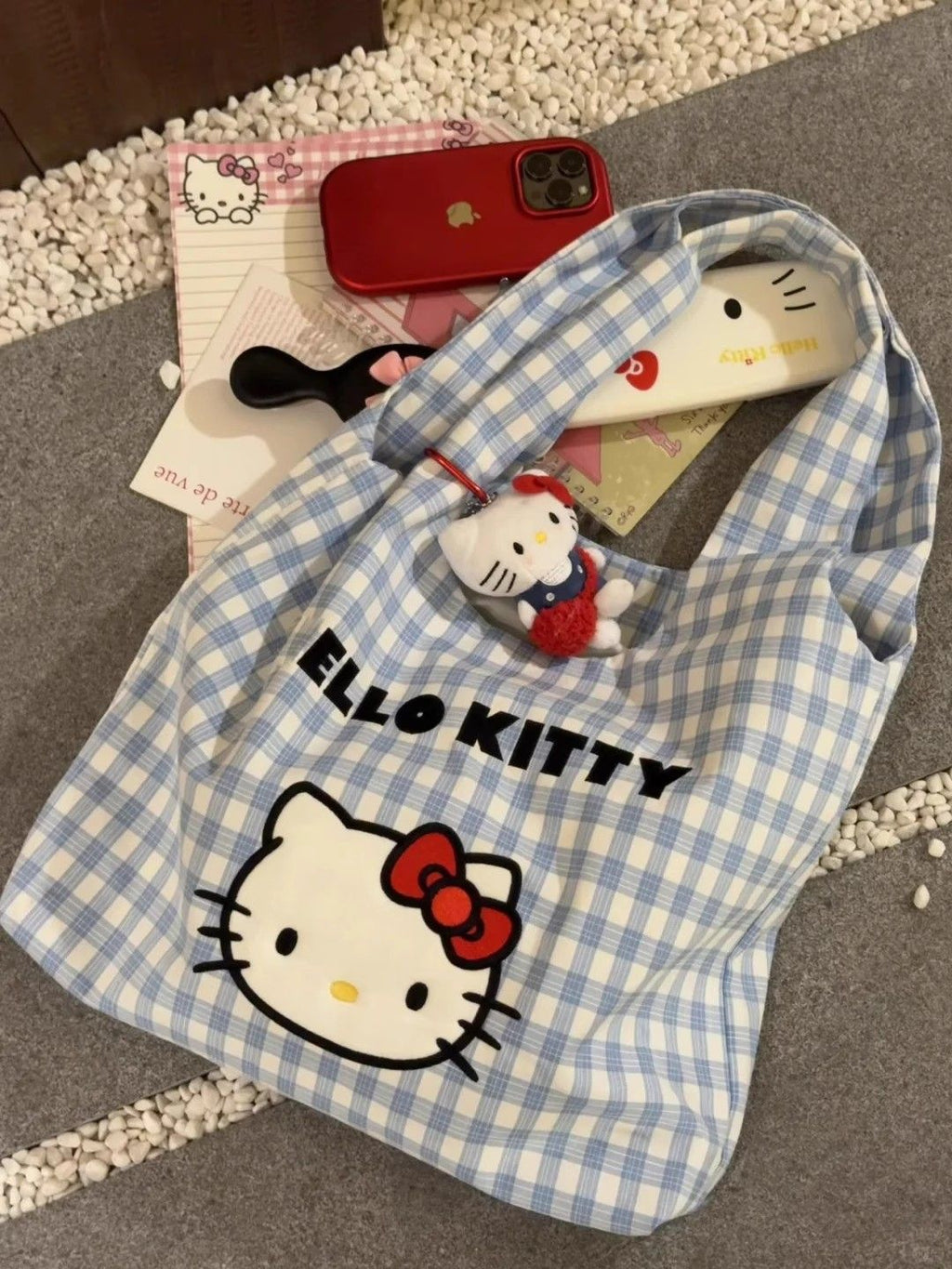 Hello Kitty Plaid Canvas Tote Bag Blue & White Checkered Shoulder Bag with Keychain