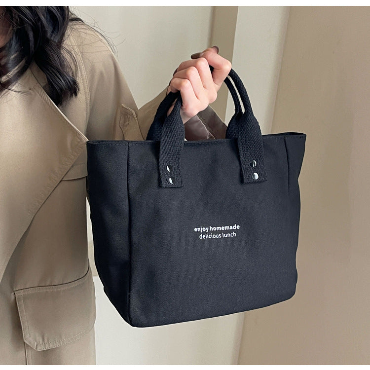 Black Canvas Lunch Tote Bag Reusable Enjoy Homemade Delicious Lunch Insulated Food Carrier