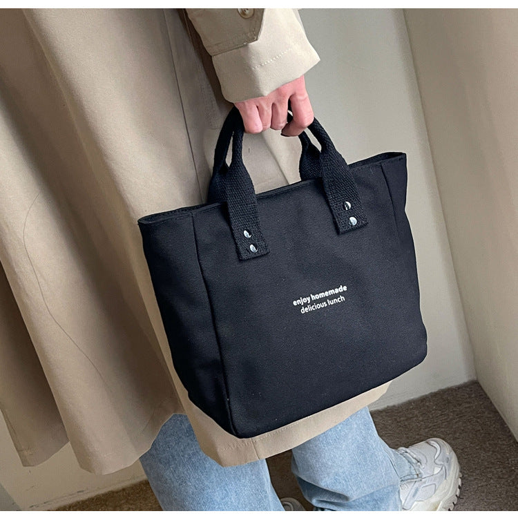 Black Canvas Lunch Tote Bag Reusable Enjoy Homemade Delicious Lunch Insulated Food Carrier