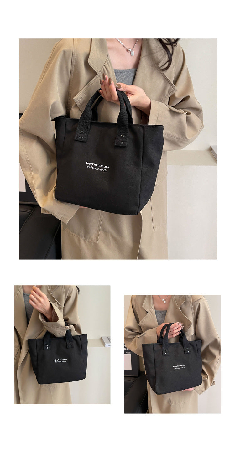 Black Canvas Lunch Tote Bag Reusable Enjoy Homemade Delicious Lunch Insulated Food Carrier